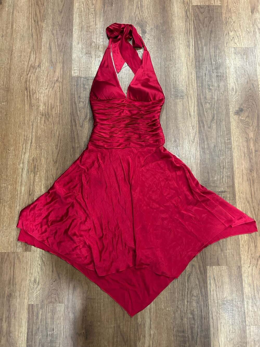 Vintage Cache Vintage Y2K Red Satin Ruched Halter Mini Dress